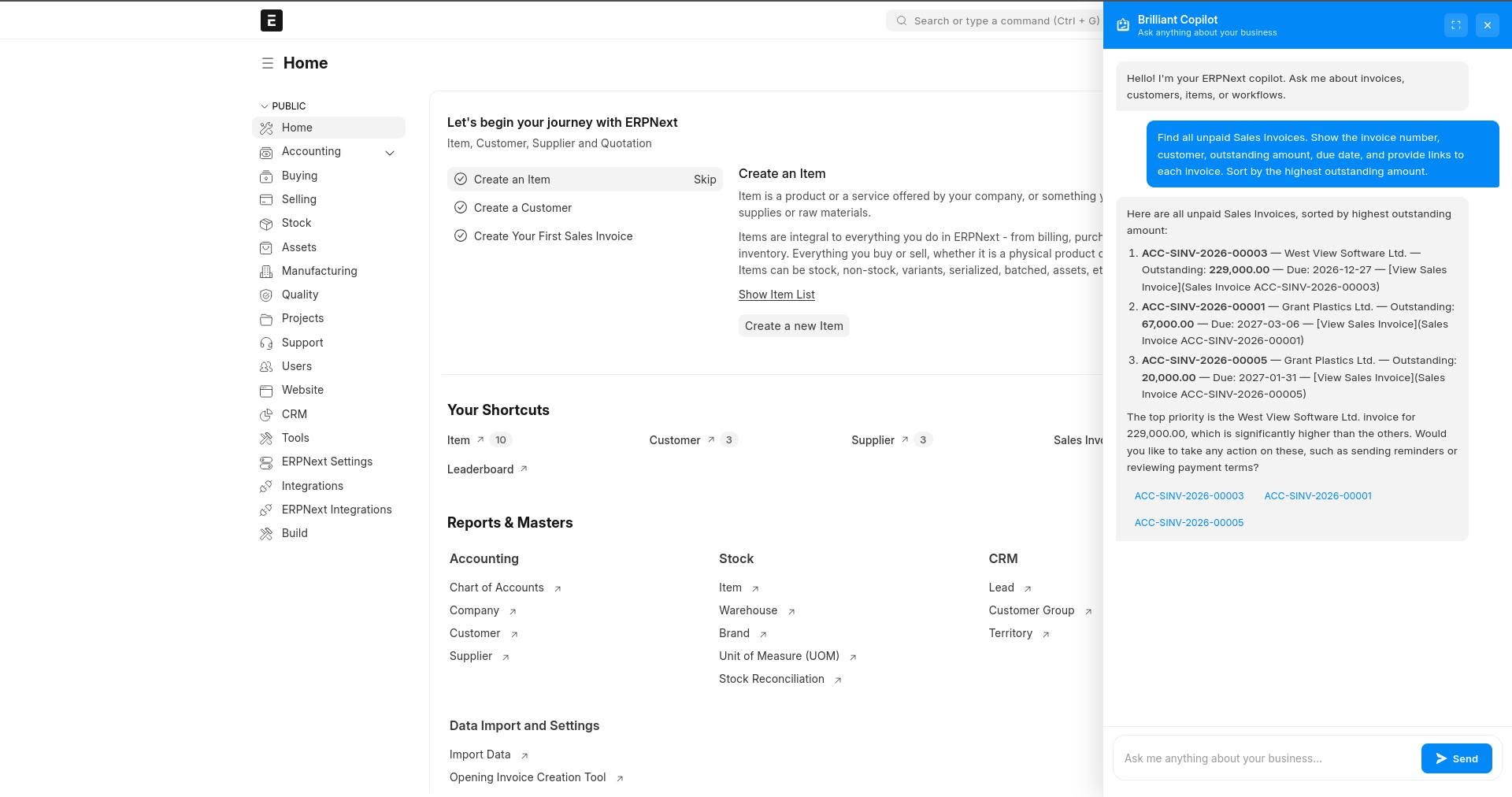 Brilliant Copilot ERP dashboard with copilot chat panel